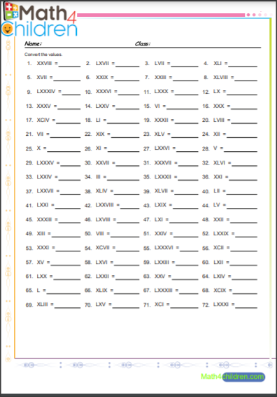 roman numeral math worksheets
