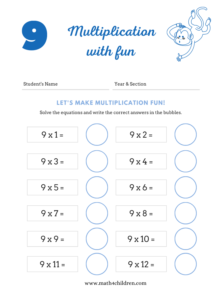 Math Worksheet 9 Times Tables